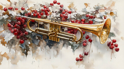 Watercolor painting of a gold trumpet with holly leaves and red berries. . Generated with AI