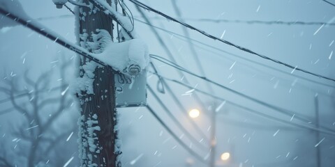 Canvas Print - Snow covered utility pole and wires during a blizzard