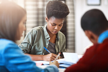 Education, study group and writing with people in library of college or university for future development. Books, growth and learning with student friends on school campus for exam preparation