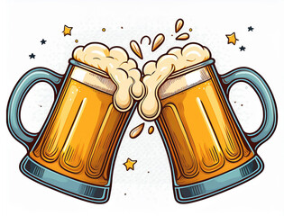 beer cheers vector. Two toasting beer mugs, Cheers. Clinking glass tankards full of beer and splashed foam. Cartoon style. Isolated on white background. Design for banner, poster, greeting cards.