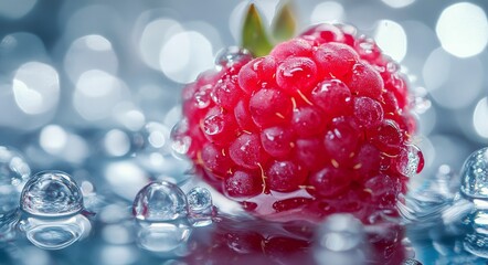 Wall Mural - Fresh raspberry surrounded by water droplets on a reflective surface in soft natural light