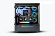 © Ilja - This image features a sleek gaming desktop computer with a tempered glass side panel, showcasing RGB lighting, a powerful graphics card, and efficient liquid cooling for top gaming performance.