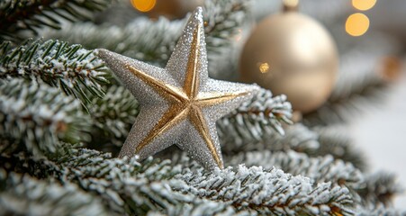 Wall Mural - Shiny silver star ornament accentuates a snow-covered Christmas tree in a cozy indoor setting