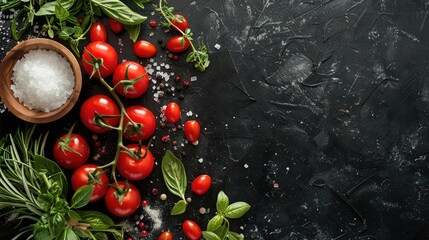 Wall Mural - Cooking ingredients on black background with cherry tomatoes and herbs