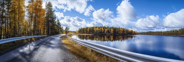 Panoramic photograph of an autumn road in Finland with trees and a lake, a white guardrail on the side, on a sunny day Generative AI