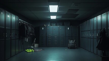 A single light shone on a dark, metal locker room. Gloves, balls, and bats are among the many baseball accessories crammed into the space. The college gym has a dressing room with metal lockers.