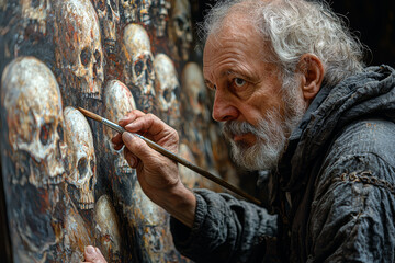 Canvas Print - A medieval artist painting a fresco of the Dance Macabre on a church wall. Concept of memento mori in religious art.