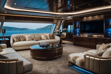 Luxury yacht interior with stylish panoramic windows, white leather sofas and sleek wooden design.