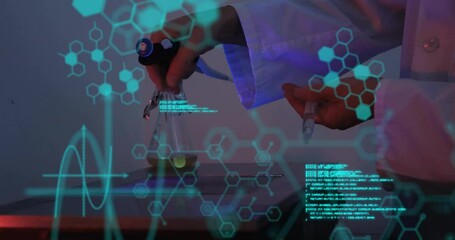 Canvas Print - Animation of data processing with chemical formula over caucasian male scientist working in lab