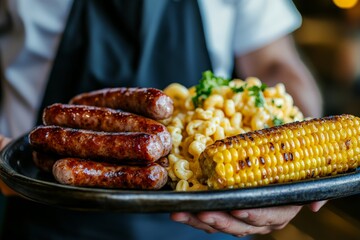 This image captures a delicious meal featuring grilled sausages, creamy pasta, and a perfectly grilled ear of corn, presented on a rustic plate for appetizing appeal.