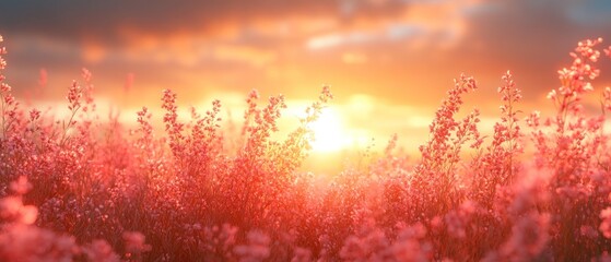 Canvas Print - Pink Flowers Blooming at Sunset in a Field