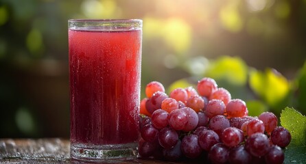 Refreshing sparkling grape juice served in glass beside fresh grapes in a sunlit garden