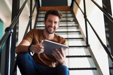 Poster - Man, office and portrait with tablet in staircase for creative idea, research and project as interior designer. Business, male employee and smile in startup on for communication and networking