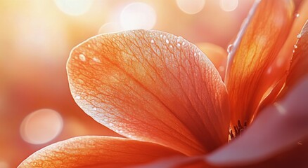 Wall Mural - Close-up of a vibrant orange flower petal illuminated by soft sunlight during golden hour