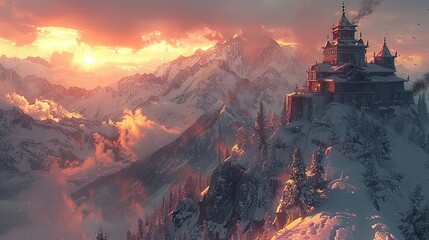 Canvas Print - Majestic Castle on a Snowy Mountain Peak at Sunset