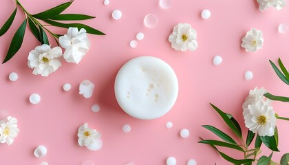 Elegant white soap foam on soft pastel pink surface, ideal for skincare or beauty product presentations