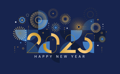celebrating 2025 new year.elegant card for event with abstract golden fireworks and golden numbers o
