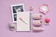 © Pixel-Shot - Composition with baby shoes, sonogram images, pregnancy test and nipples on purple background