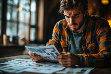 Poster - A close-up of a worried individual examining a credit score report with low ratings, reflecting creditworthiness issues. Concept of credit scores and financial health.