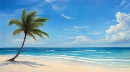 Tranquil tropical beach with palm tree and blue ocean under a clear sky