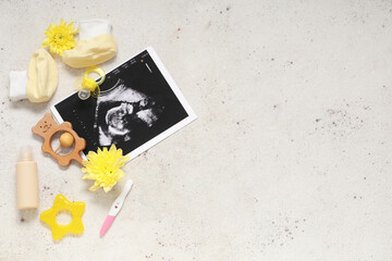 Sticker - Composition with baby shoes, sonogram image, pregnancy test and toys on grunge white background