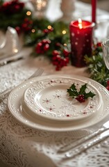 Sticker - Elegant holiday table setting with candles, foliage, and decorative plates during winter celebration