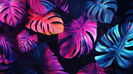 Wall Mural - Vibrant Tropical Leaves in Neon Lights