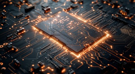 The intricate design of a microchip on a circuit board illuminated by soft light