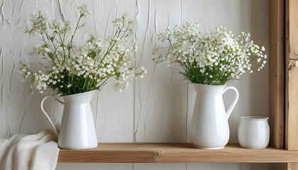 Wall Mural - Minimalist home decor featuring a white jug and vase filled with delicate white flowers against a vintage wall backdrop on a cozy wooden shelf