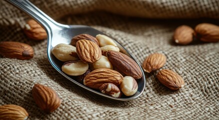 Mixed nuts on a wooden spoon arranged on burlap fabric background in natural lighting