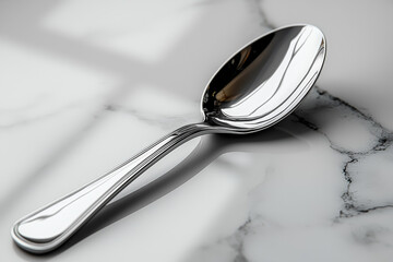 Poster - An unembellished metal spoon resting on a clean white table, emphasizing the elegance of simplicity in utensils. Concept of functional design and understated beauty.