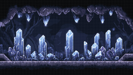 Wall Mural - pixel art retro game level, 8 bit crystal cavern, 2d video game background, underground cave and wit