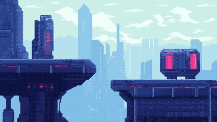 Wall Mural - pixel art sci fi city, cyberpunk game level background, 8 bit image futuristic cityscape, 2d pixel r