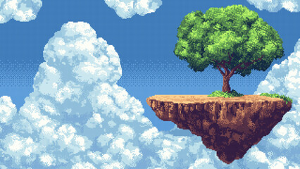 Wall Mural - pixel art floating island, 8 bit game level background, 2d retro video game image, flying platform w