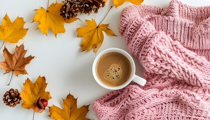 Wall Mural - Cozy autumn flat lay featuring dry yellow leaves, flowers, a steaming cup of coffee, and a pink knitted sweater against a clean white backdrop