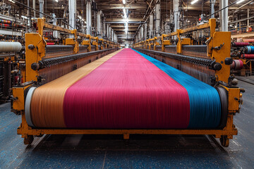 Sticker - A textile mill with large looms and spools of fabric, demonstrating traditional fabric production and textile industry. Concept of textile manufacturing and craftsmanship.