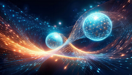 Two quantum computing qubits, represented as glowing spheres, are entangled and flowing through cyberspace