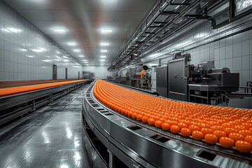 A food processing plant with conveyor belts and packaging machinery, highlighting the mass production of food products. Concept of food industry and manufacturing efficiency.