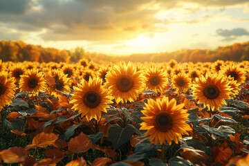 Wall Mural - A field of sunflowers with their petals turning brown, set against a backdrop of colorful fall leaves. Concept of seasonal transition and nature's changes.