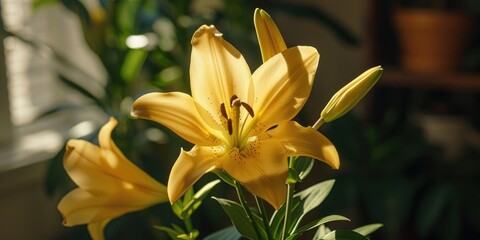 Canvas Print - Blooming Yellow Lily with Three Buds on the Brink of Opening