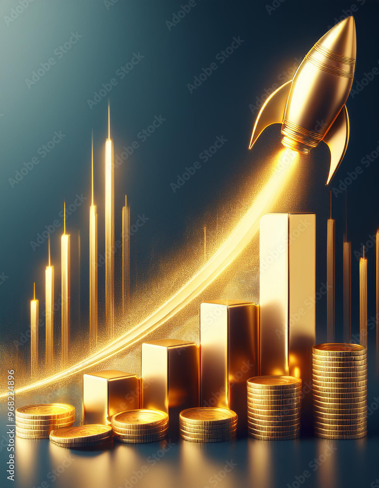 Golden rocket is launching over a growing statistics chart made of gold ...