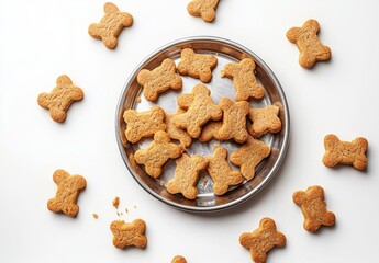 White background with an assortment of doggy biscuits in a pewter dish