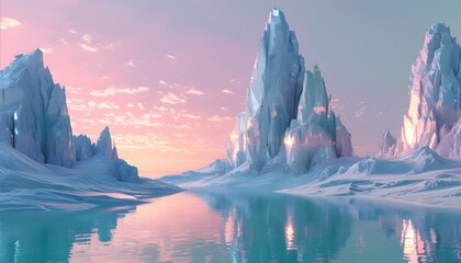 Surreal 3D landscape of towering crystals reflecting light shards beneath a tranquil pastel-colored sky