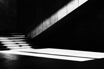 Aufkleber - A staircase enveloped in darkness, with intense light creating dramatic shadow play, highlighting its modern architecture and evoking mystery and depth.