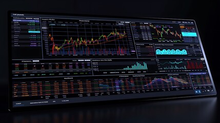 Wall Mural - A screen displaying a complex stock market dashboard with real-time trading metrics, detailed candlestick charts, and fluctuating indices.