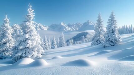 Wall Mural - Fluffy spruce trees blanketed in snow towering in the snowy mountains under a clear blue sky winter Scandinavian landscape