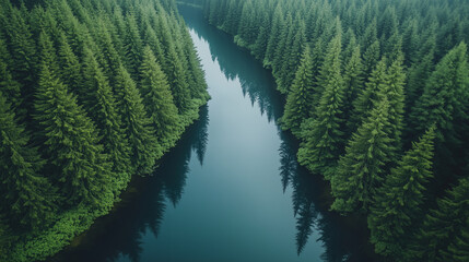 Aerial View of Reflective River Winding Through Symmetrical Evergreen Forest