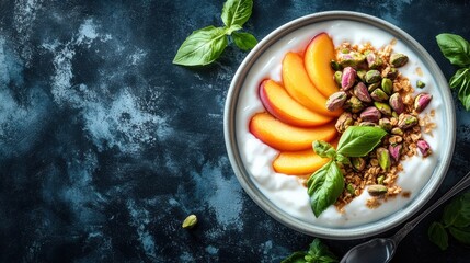 Wall Mural - try this delicious breakfast idea yogurt bowl with roasted pistachios and sliced peaches a simple and satisfying choice