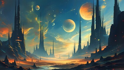 Futuristic alien cityscape featuring towering spires and intricate architecture beneath a sky lit by multiple moons and swirling clouds of cosmic dust