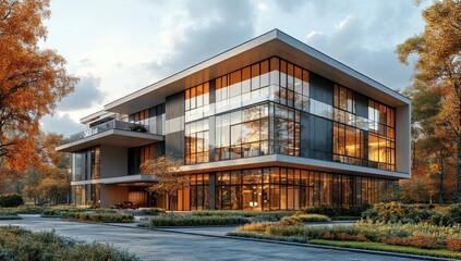 Poster - Modern Office Building with Autumn Foliage